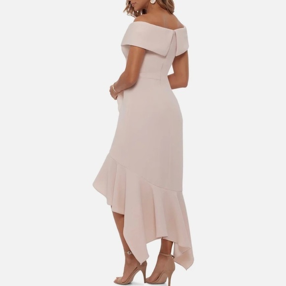 Xscape Plus Off-the-Shoulder Sweetheart Neck Ruffle Handkerchief Dress Blossom - Picture 2 of 4